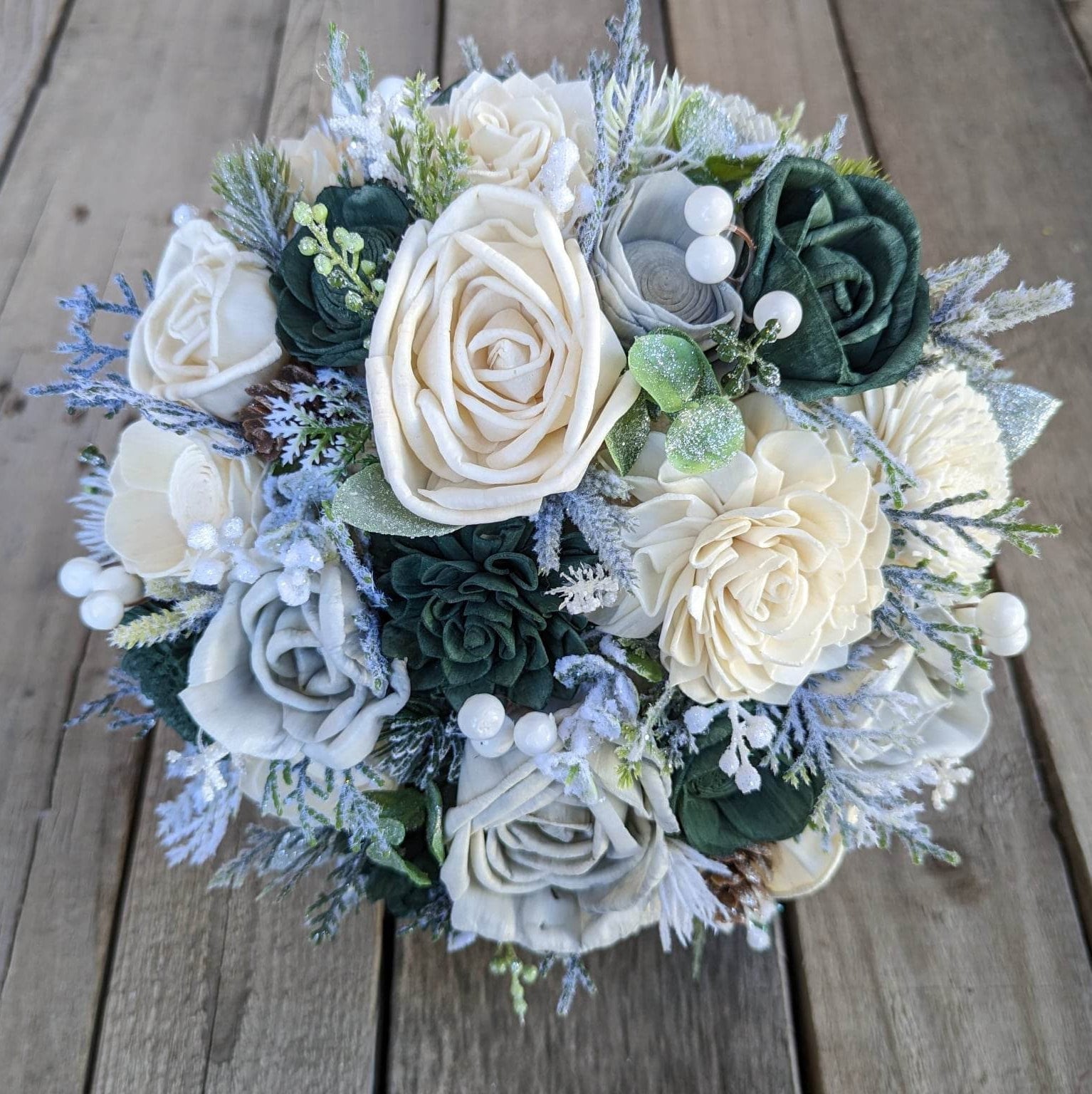 Wood Flower Bridal Bouquet, Hunter Green Wedding Bouquet, Winter Wooden Flower Bouquet, Bridesmaid Bouquet, Fake Flower Bouquet