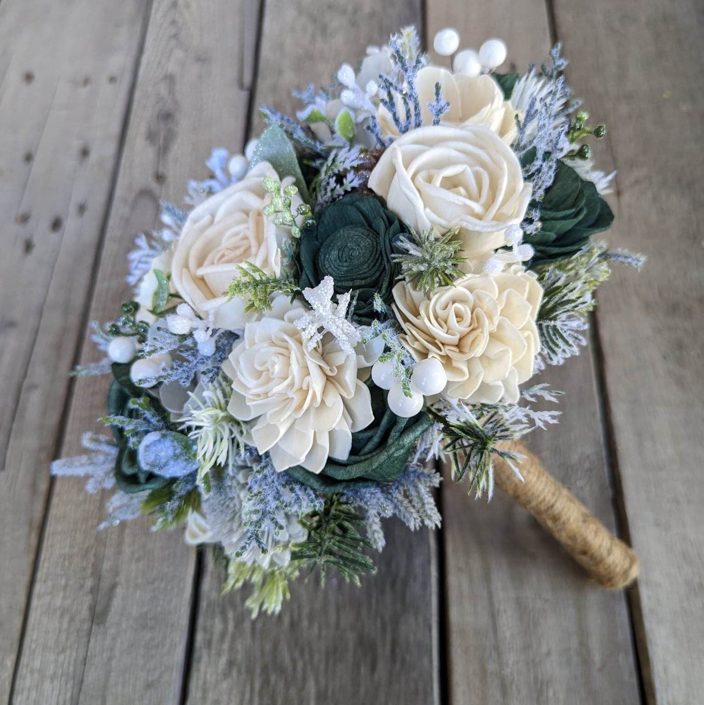 Wood Flower Bridal Bouquet, Hunter Green Wedding Bouquet, Winter Wooden Flower Bouquet, Bridesmaid Bouquet, Fake Flower Bouquet