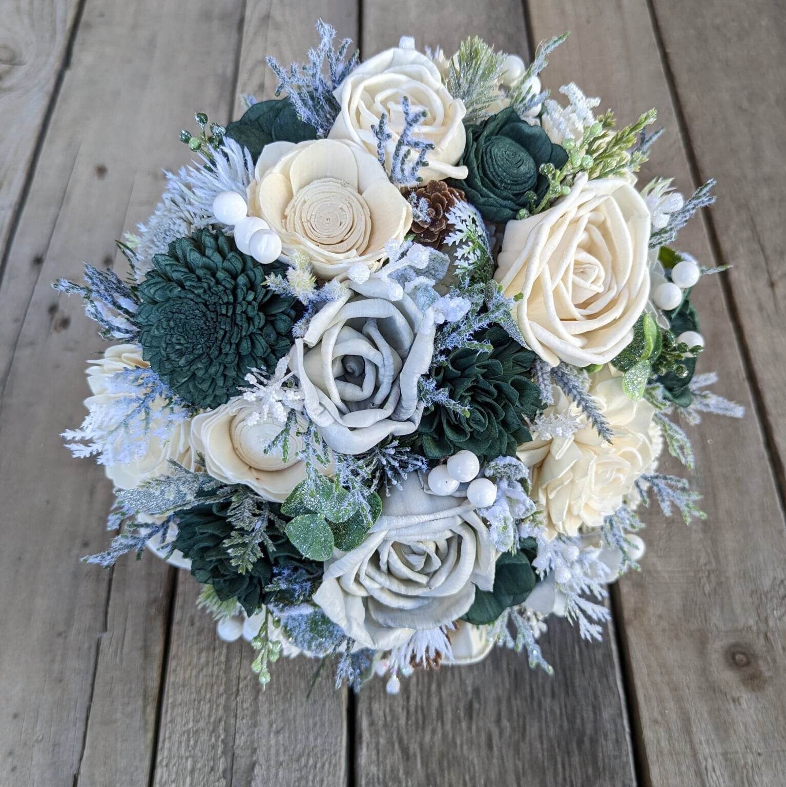 Wood Flower Bridal Bouquet, Hunter Green Wedding Bouquet, Winter Wooden Flower Bouquet, Bridesmaid Bouquet, Fake Flower Bouquet