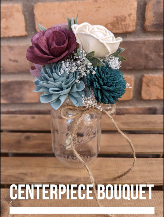 Wood Flower Mason Jar Bouquet, Wooden Flowers Centerpiece Bouquet, Pint Mason Jar Bouquet, Wedding Table Centerpiece Bouquet