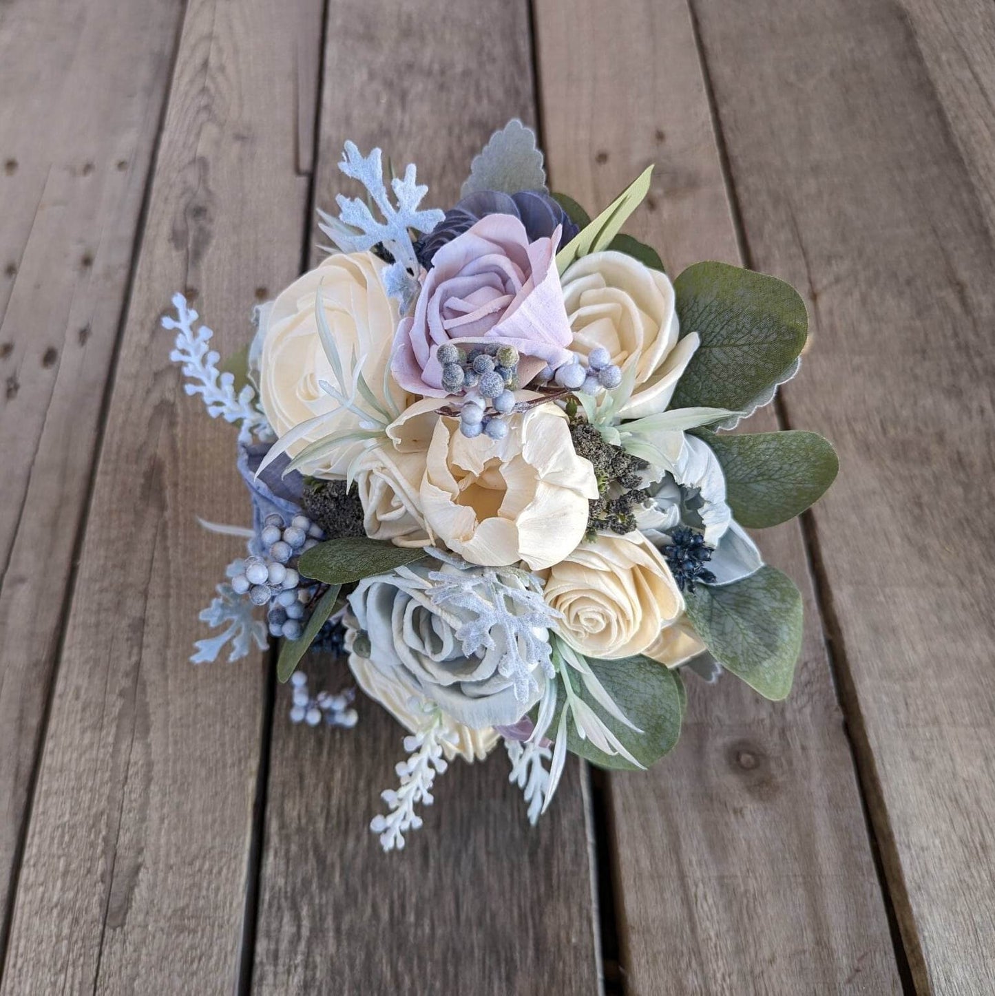 Dusty Blue and Lavender Wood Flower Bouquet, Beach Wedding Bouquet, Wooden Bridal Bouquet, Wedding Flowers