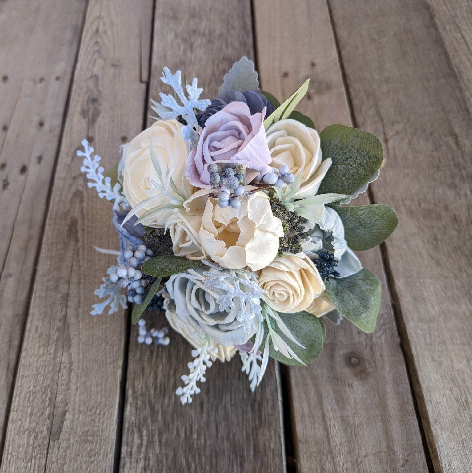 Dusty Blue and Lavender Wood Flower Bouquet, Beach Wedding Bouquet, Wooden Bridal Bouquet, Wedding Flowers