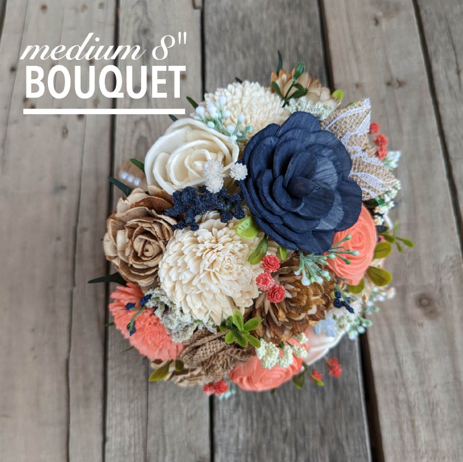 Wood Flower Bouquet, Navy Blue Bridal Bouquet, Coral Wedding Bouquets, Navy and Coral Wooden Flower Bouquet, Burlap Wedding Flowers