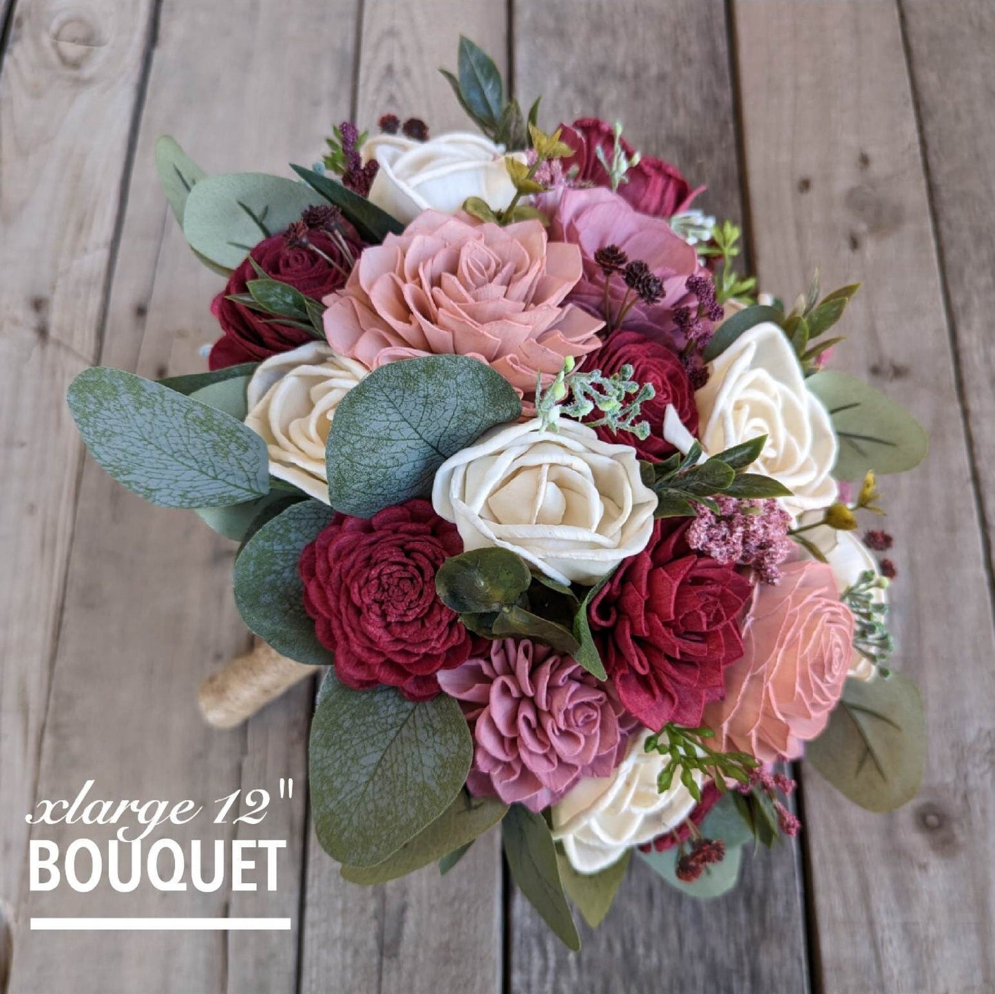 Wood Flower Bouquet with Burgundy & Dusty Rose Wooden Flowers, Burgundy Bridal Bouquet, Wood Wedding Flowers, Mauve Bride Bouquet