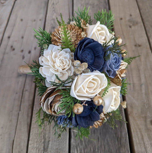 Navy Blue Wood Flower Bouquet, Navy & Gold Bridal Bouquet, Dusty Blue Wedding Flowers, Wooden Bride Bouquet, Navy and Slate Blue Bouquet