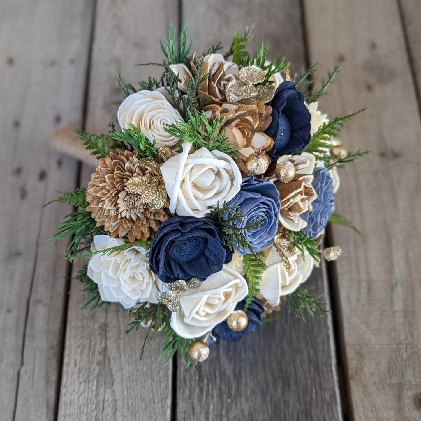 Navy Blue Wood Flower Bouquet, Navy & Gold Bridal Bouquet, Dusty Blue Wedding Flowers, Wooden Bride Bouquet, Navy and Slate Blue Bouquet