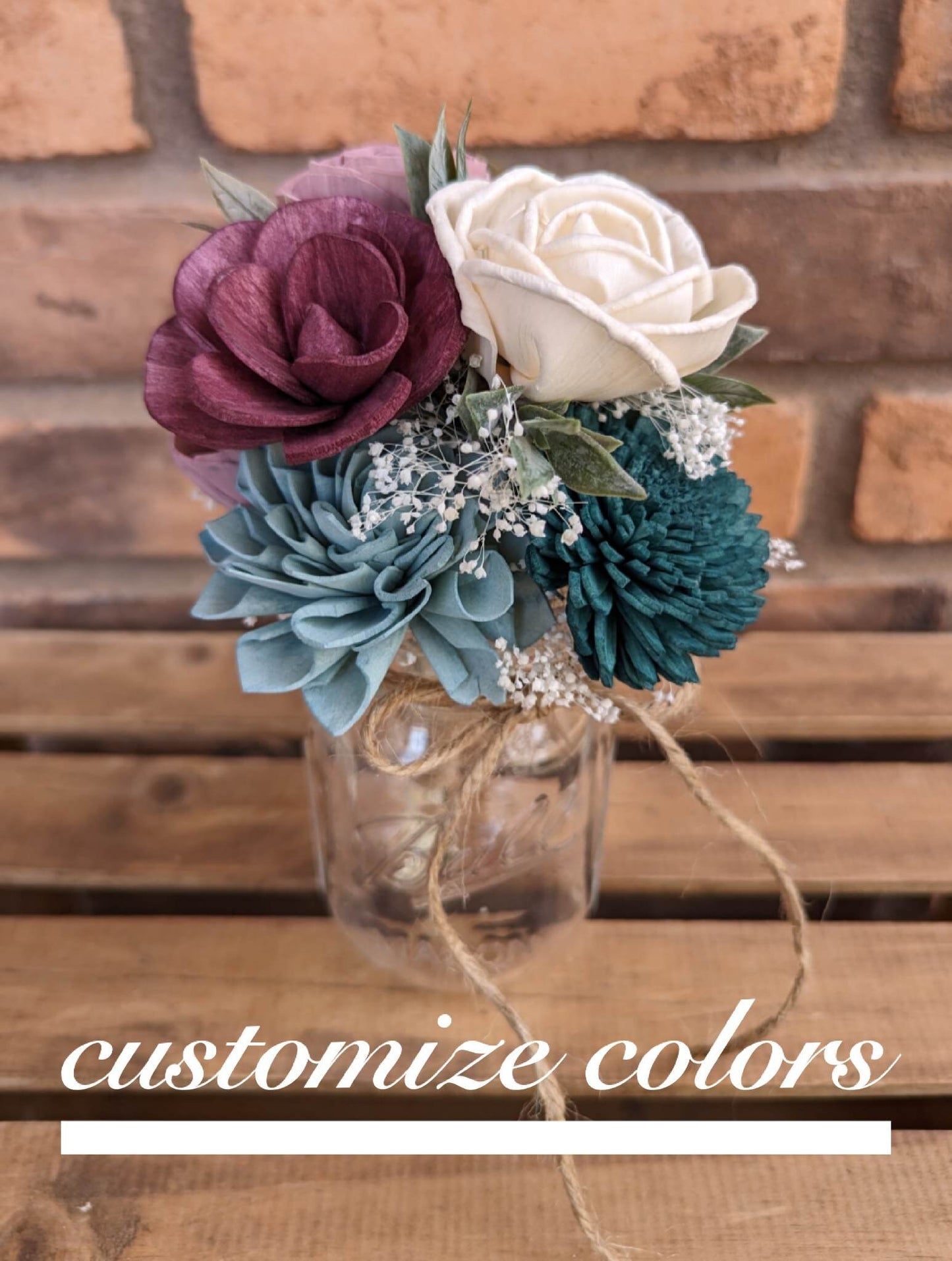 Wood Flower Mason Jar Bouquet, Wooden Flowers Centerpiece Bouquet, Pint Mason Jar Bouquet, Wedding Table Centerpiece Bouquet