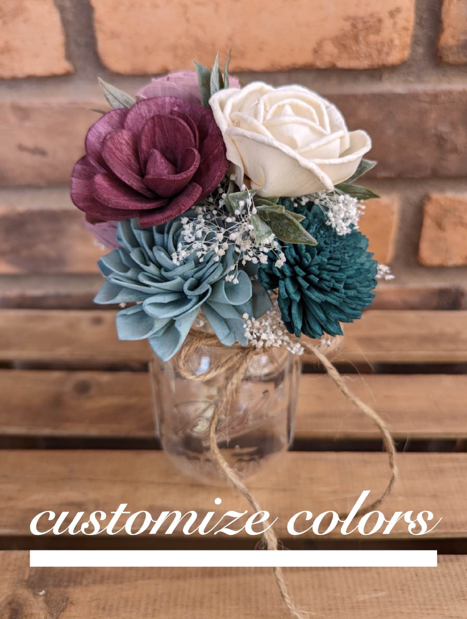 Wood Flower Mason Jar Bouquet, Wooden Flowers Centerpiece Bouquet, Pint Mason Jar Bouquet, Wedding Table Centerpiece Bouquet