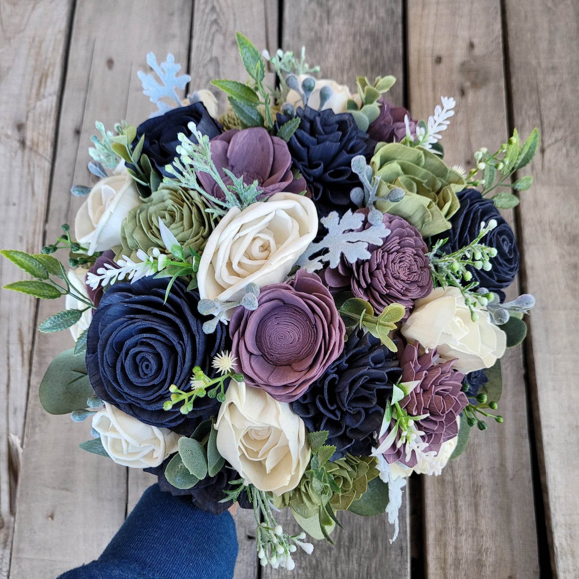 Lavender Bridal Bouquet, Wood Flower Bridal Boutique, Lavender Bride Bouquet, Fake Wedding Flowers, Navy Wedding Bouquet