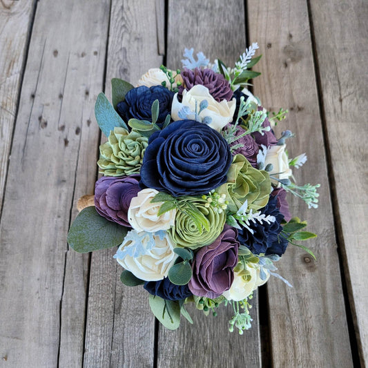 Lavender Bridal Bouquet, Wood Flower Bridal Boutique, Lavender Bride Bouquet, Fake Wedding Flowers, Navy Wedding Bouquet