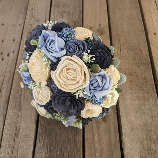 Blue Wedding Bouquet with Wood Flowers, Wooden Flower Bouquet, Sola Wood Flowers Bridal Bouquet