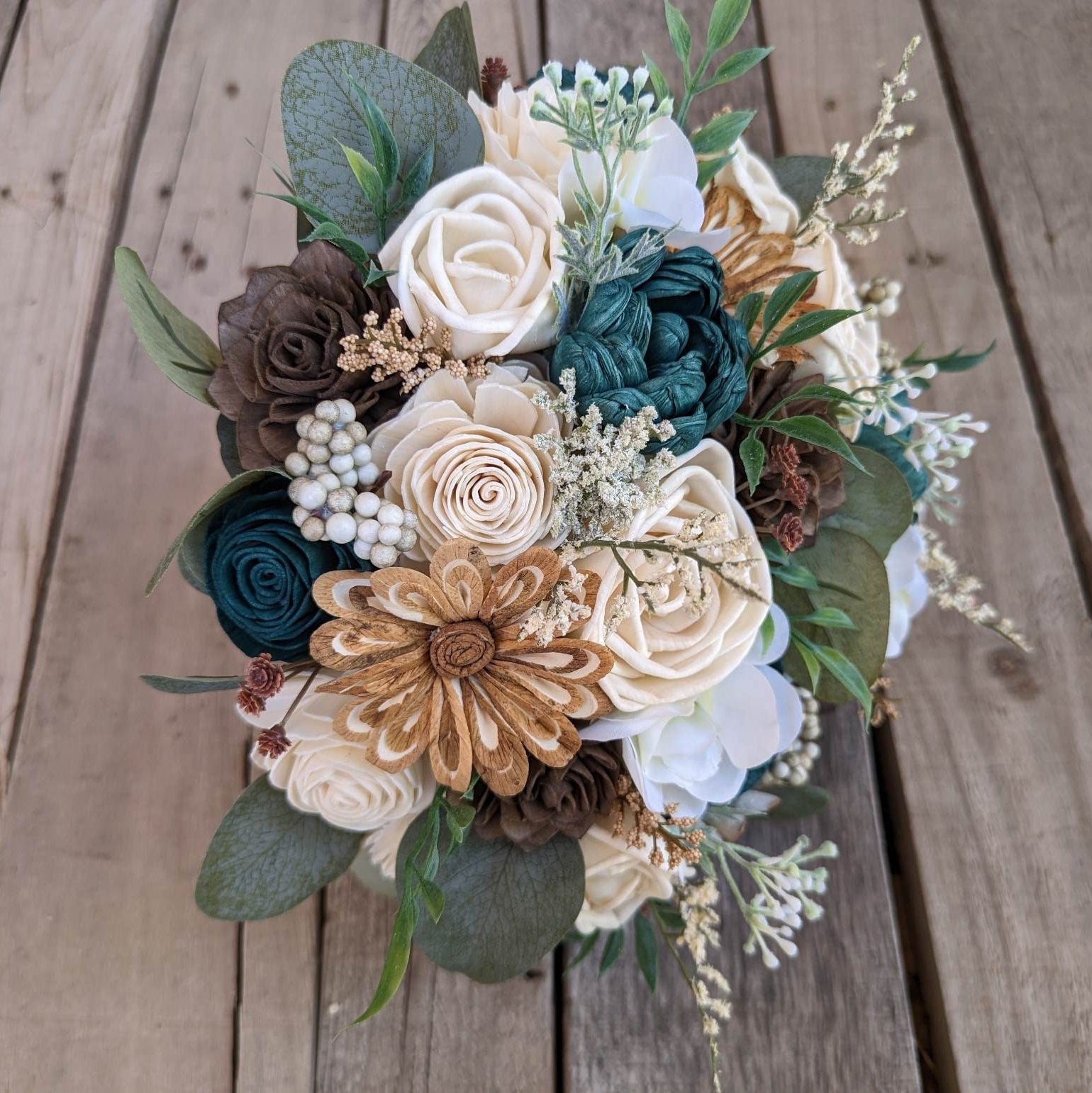 Fall Wedding Bouquet, Wood Flower Bouquet, Dark Teal Bridal Bouquet, Fall Wooden Flower Bouquet, Sola Wood Flowers, Fake Flower Bouquet