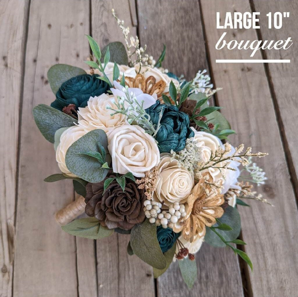 Fall Wedding Bouquet, Wood Flower Bouquet, Dark Teal Bridal Bouquet, Fall Wooden Flower Bouquet, Sola Wood Flowers, Fake Flower Bouquet