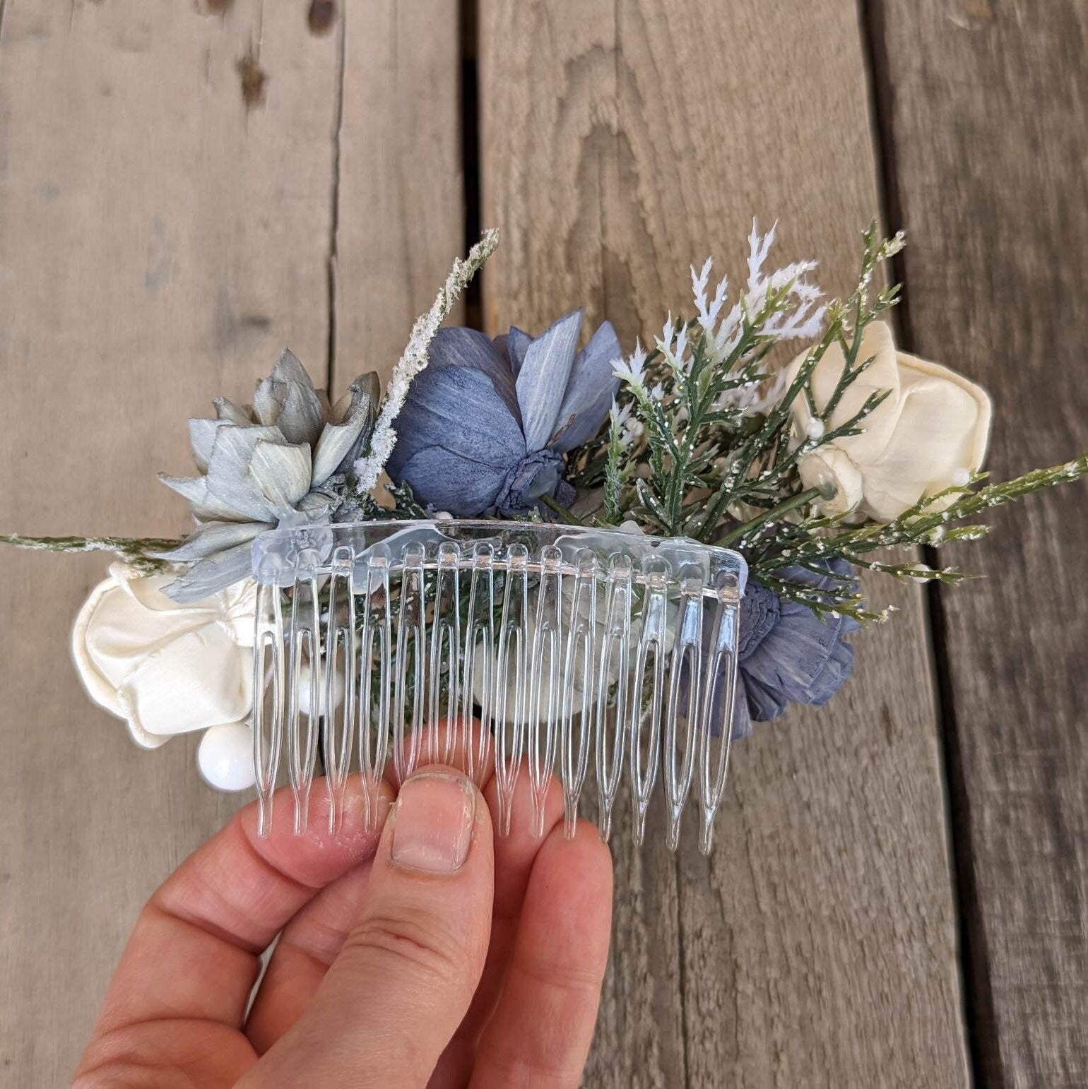 Wood Flower Hair Comb, Winter Wedding Hair Comb, Wooden Flowers, Wedding Hair Accessories, Bridal Hair Comb, Dusty Blue Bridal Hair Piece