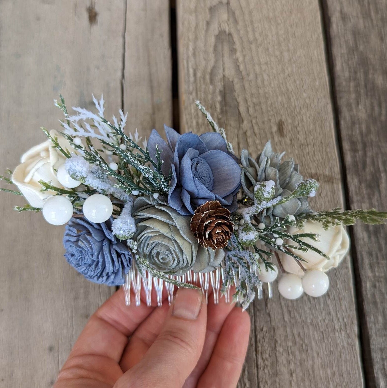 Wood Flower Hair Comb, Winter Wedding Hair Comb, Wooden Flowers, Wedding Hair Accessories, Bridal Hair Comb, Dusty Blue Bridal Hair Piece