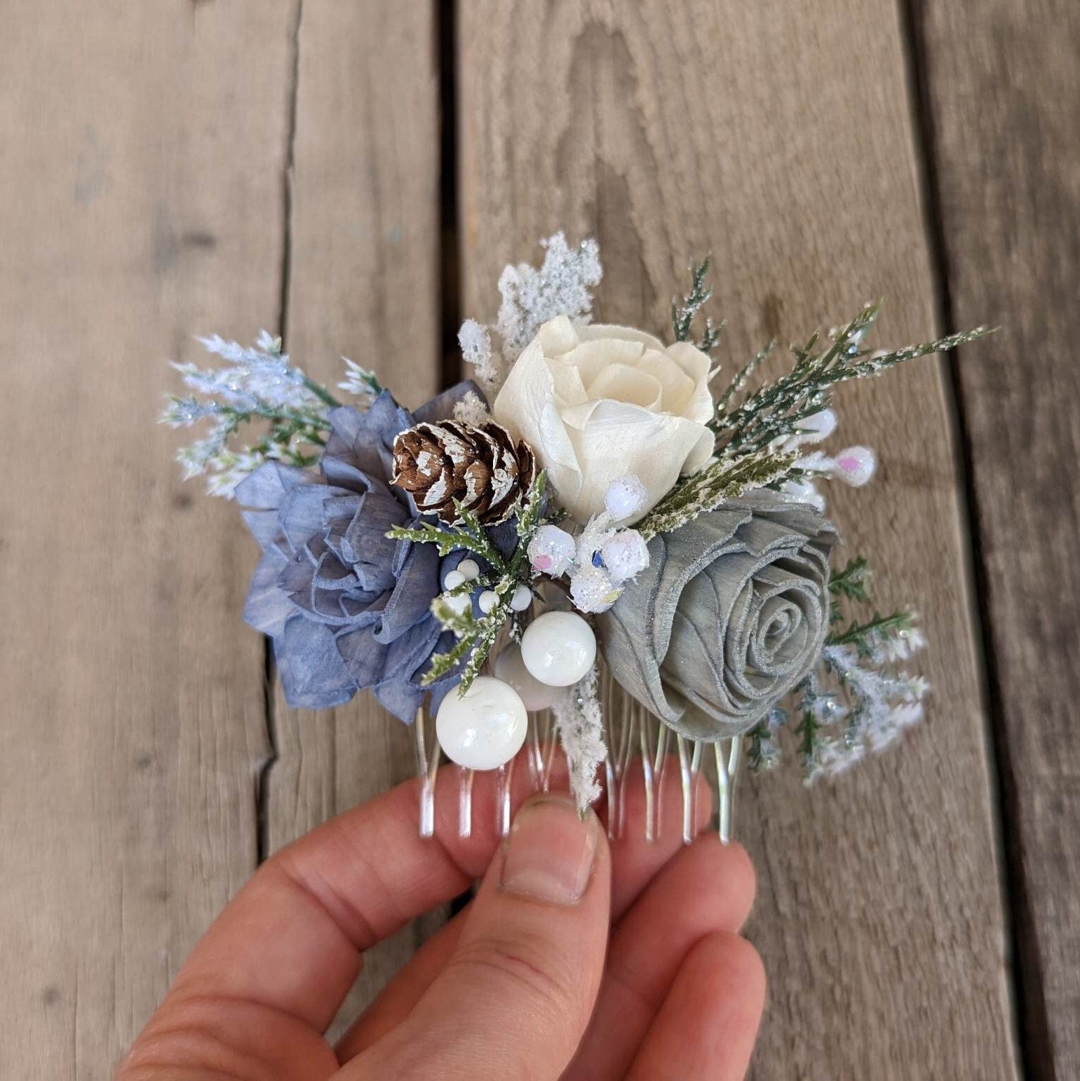 Wood Flower Hair Comb, Winter Wedding Hair Comb, Wooden Flowers, Wedding Hair Accessories, Bridal Hair Comb, Dusty Blue Bridal Hair Piece
