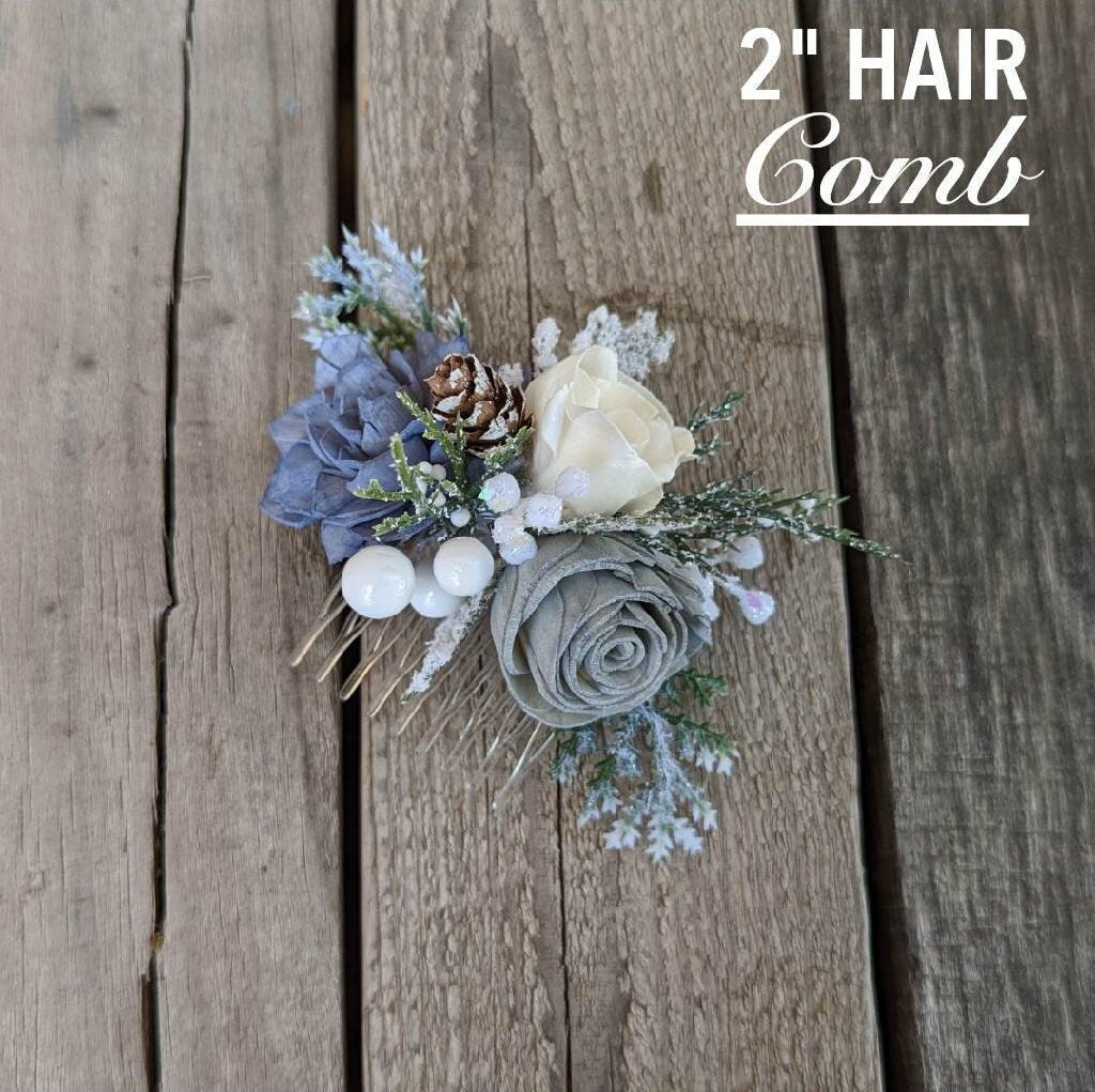 Wood Flower Hair Comb, Winter Wedding Hair Comb, Wooden Flowers, Wedding Hair Accessories, Bridal Hair Comb, Dusty Blue Bridal Hair Piece