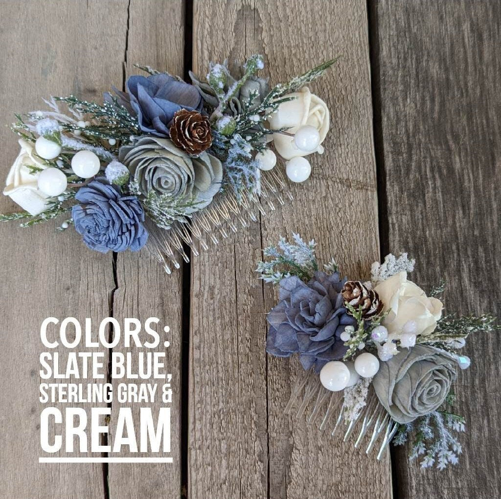 Wood Flower Hair Comb, Winter Wedding Hair Comb, Wooden Flowers, Wedding Hair Accessories, Bridal Hair Comb, Dusty Blue Bridal Hair Piece