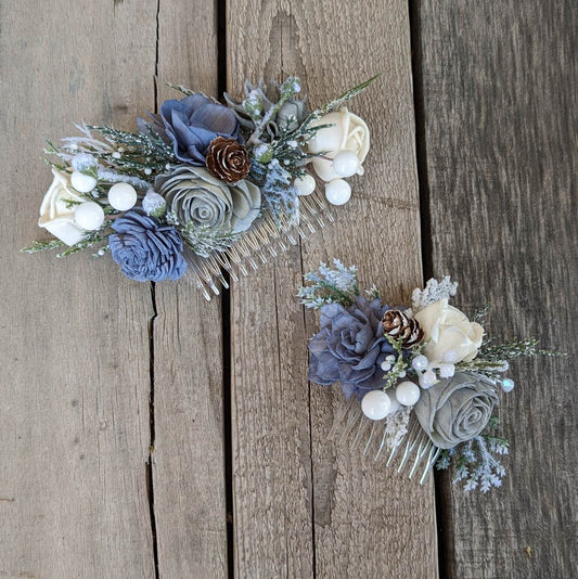Wood Flower Hair Comb, Winter Wedding Hair Comb, Wooden Flowers, Wedding Hair Accessories, Bridal Hair Comb, Dusty Blue Bridal Hair Piece
