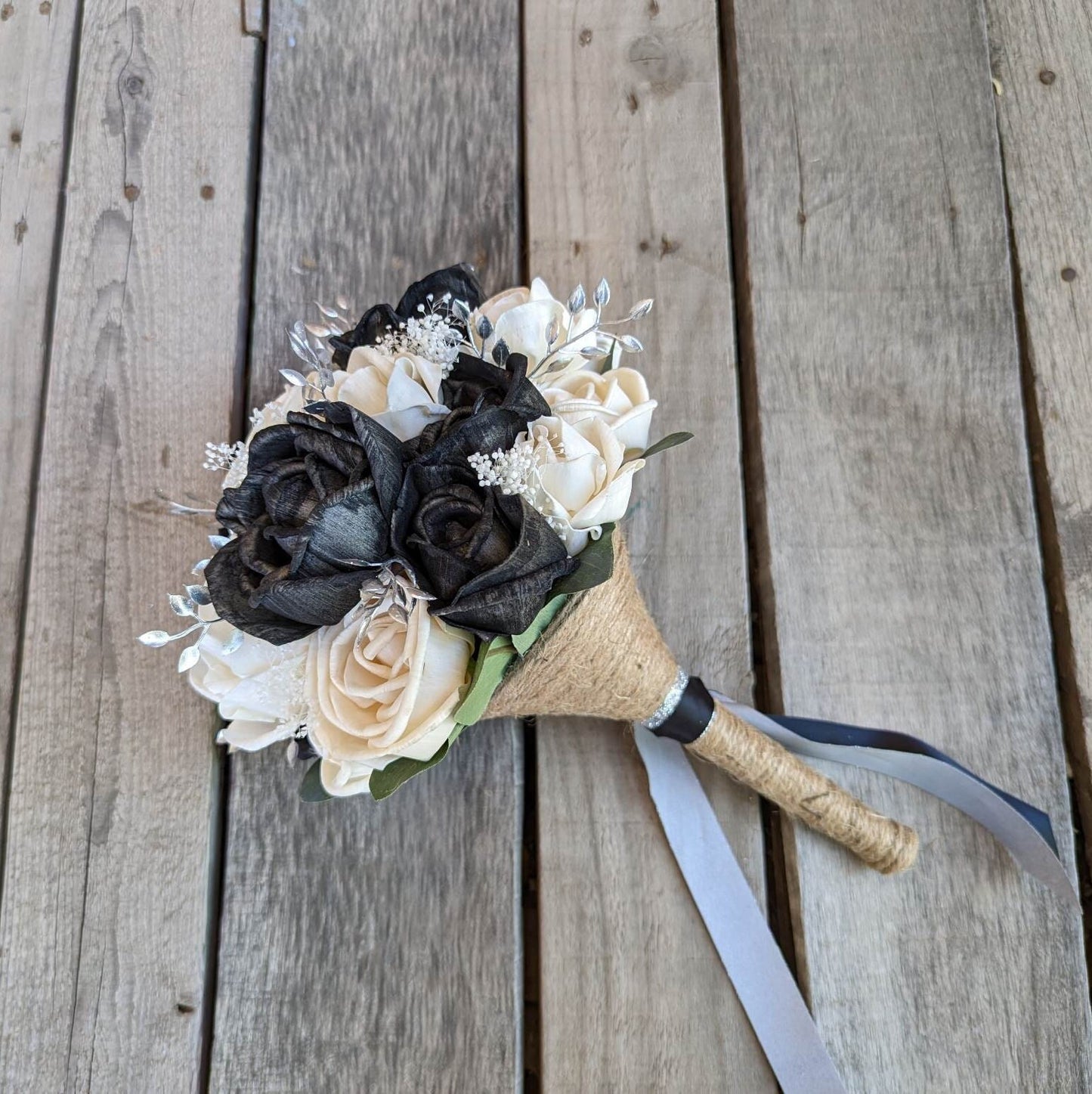 Wood Flower Bouquet, Black and White Wedding Bouquets, Wooden Flower Bouquet, Black and Silver Bridal Bouquet, Sola Wood Flowers