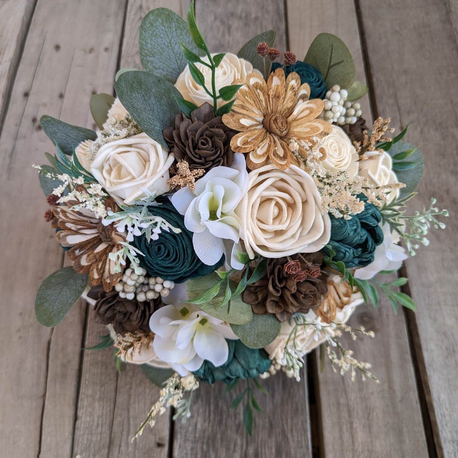 Fall Wedding Bouquet, Wood Flower Bouquet, Dark Teal Bridal Bouquet, Fall Wooden Flower Bouquet, Sola Wood Flowers, Fake Flower Bouquet