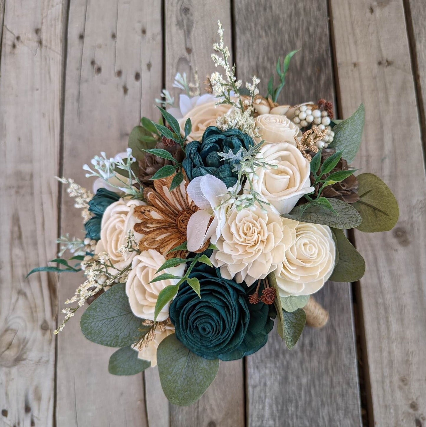 Fall Wedding Bouquet, Wood Flower Bouquet, Dark Teal Bridal Bouquet, Fall Wooden Flower Bouquet, Sola Wood Flowers, Fake Flower Bouquet