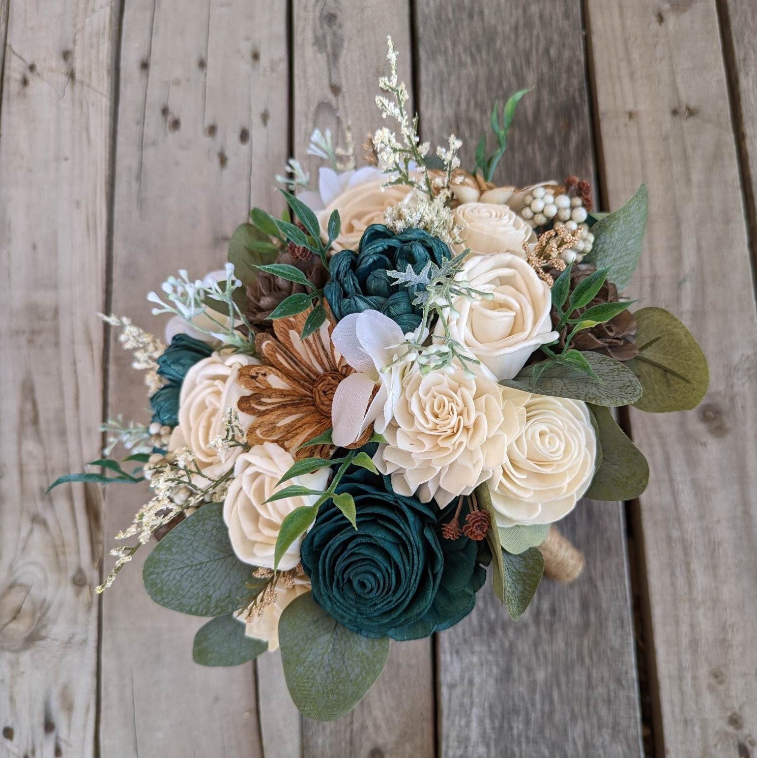 Fall Wedding Bouquet, Wood Flower Bouquet, Dark Teal Bridal Bouquet, Fall Wooden Flower Bouquet, Sola Wood Flowers, Fake Flower Bouquet