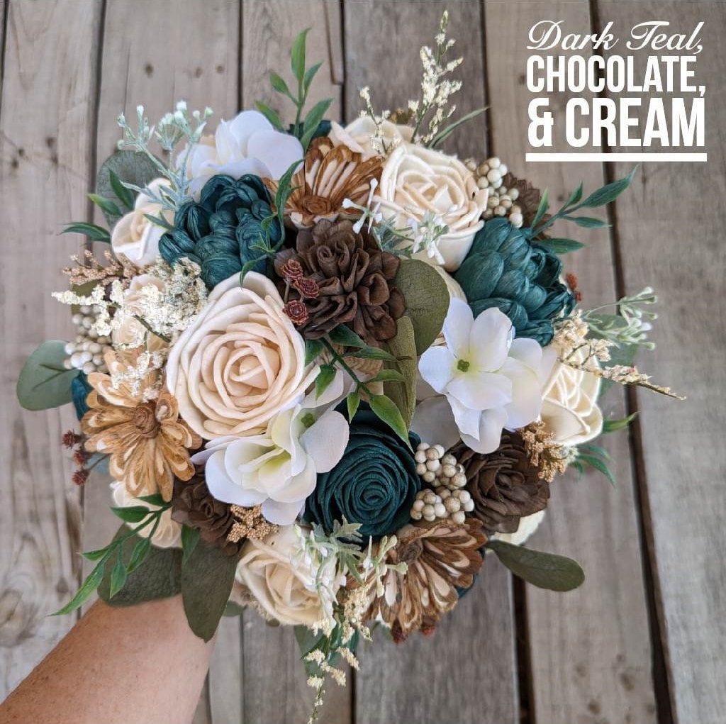 Fall Wedding Bouquet, Wood Flower Bouquet, Dark Teal Bridal Bouquet, Fall Wooden Flower Bouquet, Sola Wood Flowers, Fake Flower Bouquet