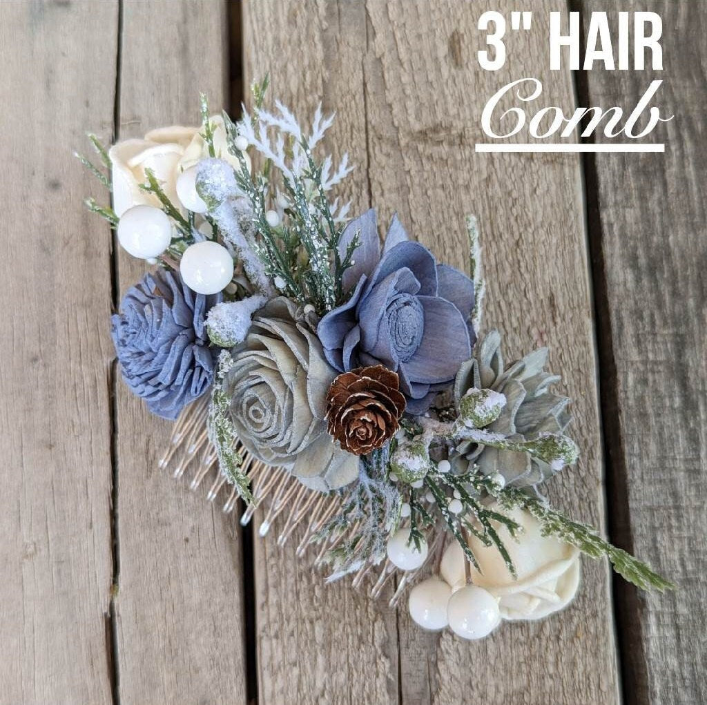Wood Flower Hair Comb, Winter Wedding Hair Comb, Wooden Flowers, Wedding Hair Accessories, Bridal Hair Comb, Dusty Blue Bridal Hair Piece