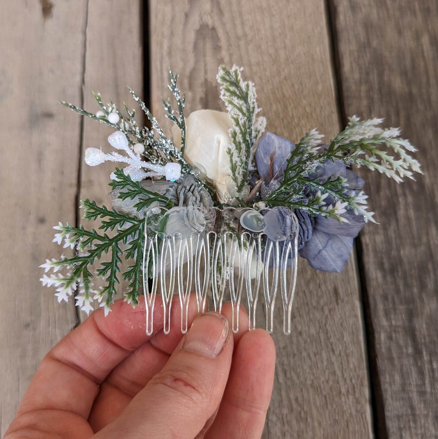 Wood Flower Hair Comb, Winter Wedding Hair Comb, Wooden Flowers, Wedding Hair Accessories, Bridal Hair Comb, Dusty Blue Bridal Hair Piece