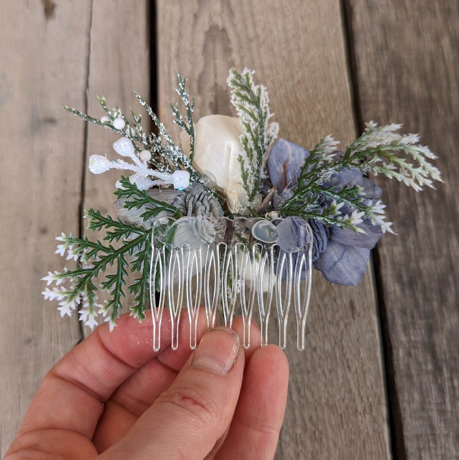 Wood Flower Hair Comb, Winter Wedding Hair Comb, Wooden Flowers, Wedding Hair Accessories, Bridal Hair Comb, Dusty Blue Bridal Hair Piece