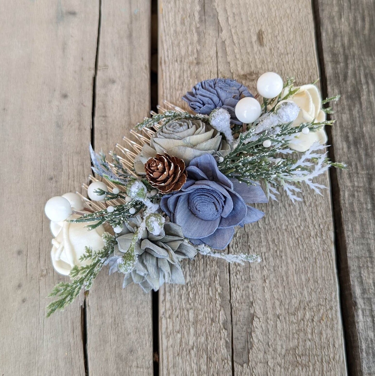 Wood Flower Hair Comb, Winter Wedding Hair Comb, Wooden Flowers, Wedding Hair Accessories, Bridal Hair Comb, Dusty Blue Bridal Hair Piece