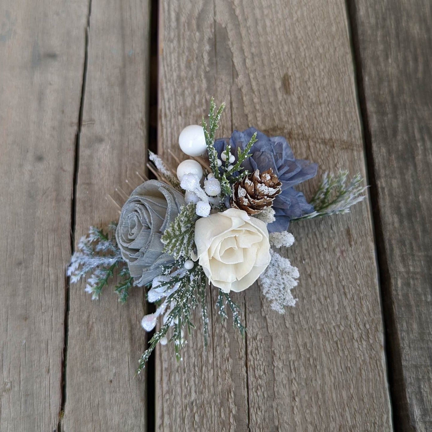 Wood Flower Hair Comb, Winter Wedding Hair Comb, Wooden Flowers, Wedding Hair Accessories, Bridal Hair Comb, Dusty Blue Bridal Hair Piece