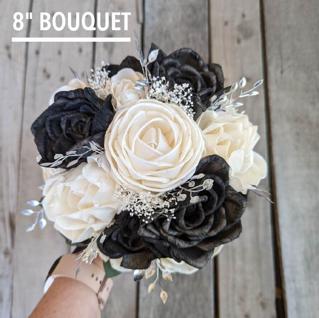 Wood Flower Bouquet, Black and White Wedding Bouquets, Wooden Flower Bouquet, Black and Silver Bridal Bouquet, Sola Wood Flowers
