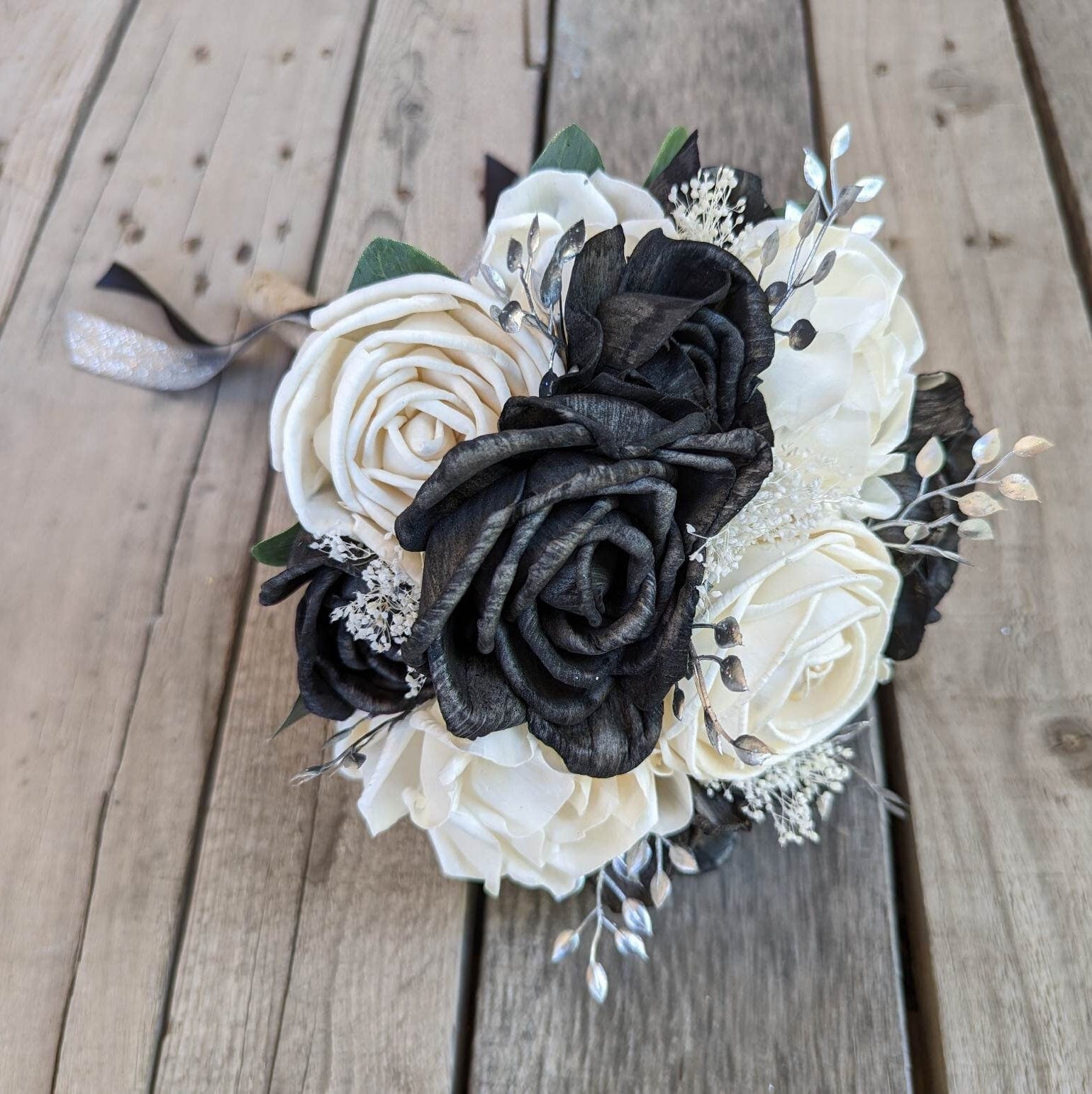 Wood Flower Bouquet, Black and White Wedding Bouquets, Wooden Flower Bouquet, Black and Silver Bridal Bouquet, Sola Wood Flowers