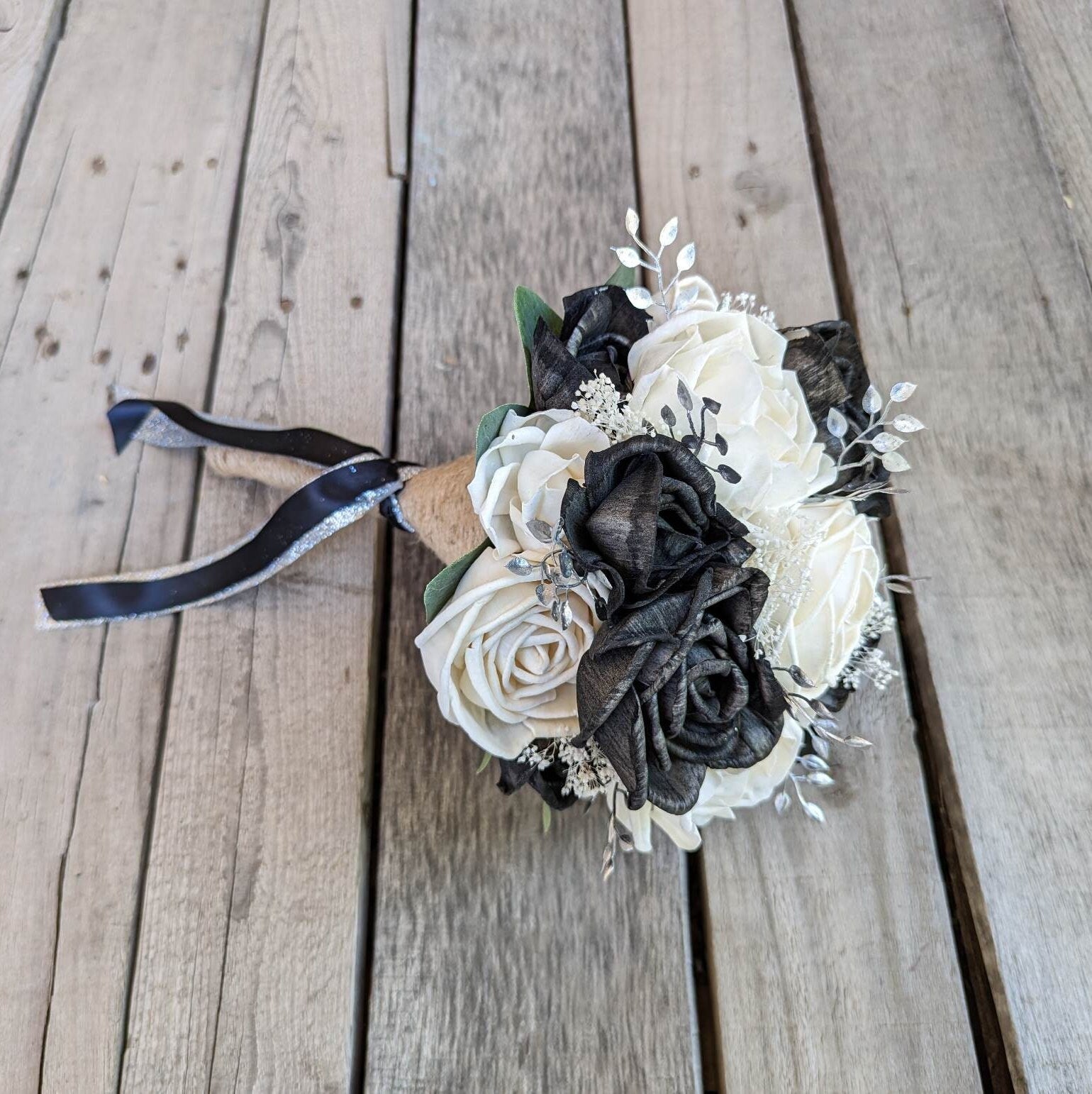 Wood Flower Bouquet, Black and White Wedding Bouquets, Wooden Flower Bouquet, Black and Silver Bridal Bouquet, Sola Wood Flowers