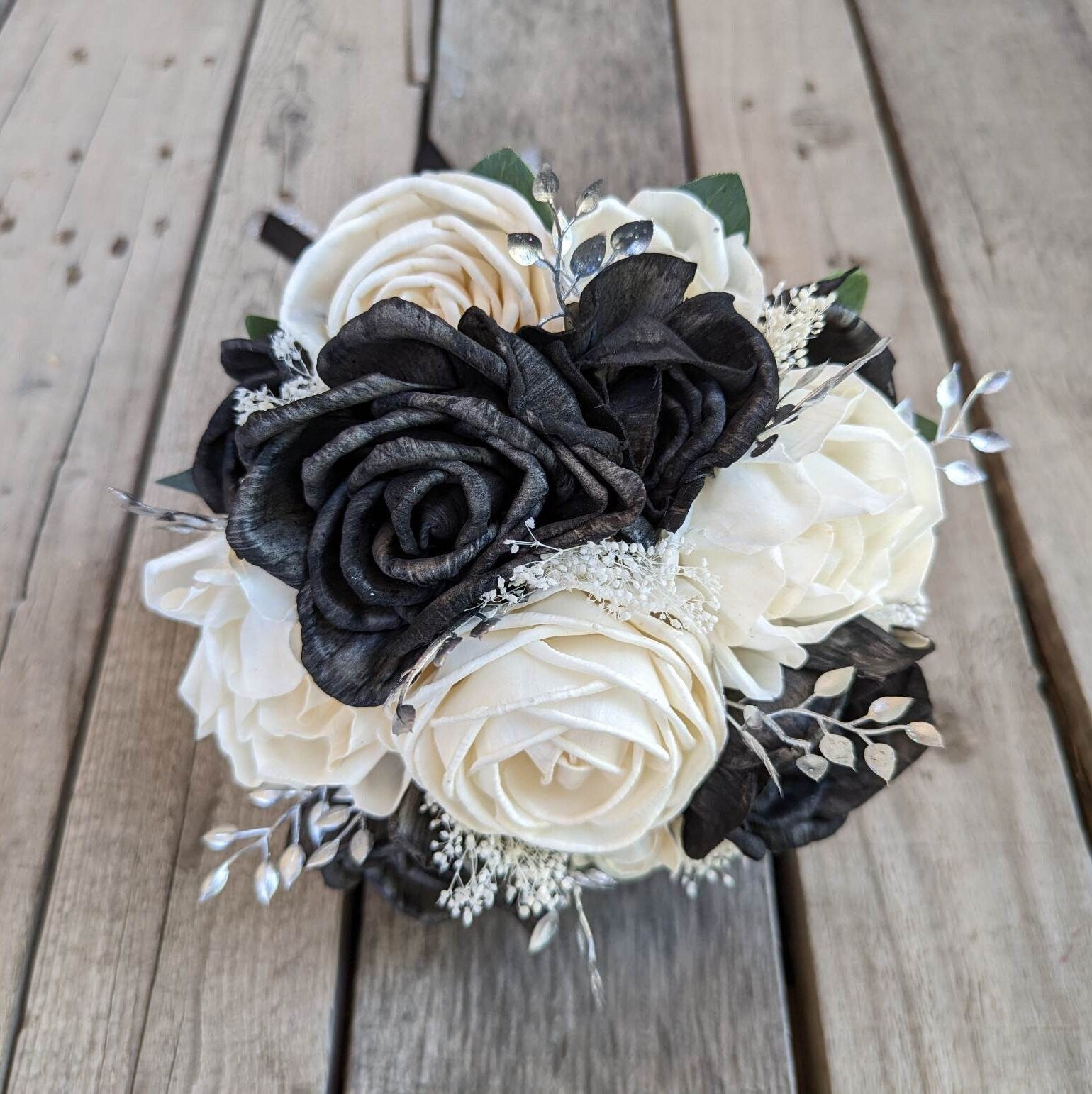 Wood Flower Bouquet, Black and White Wedding Bouquets, Wooden Flower Bouquet, Black and Silver Bridal Bouquet, Sola Wood Flowers