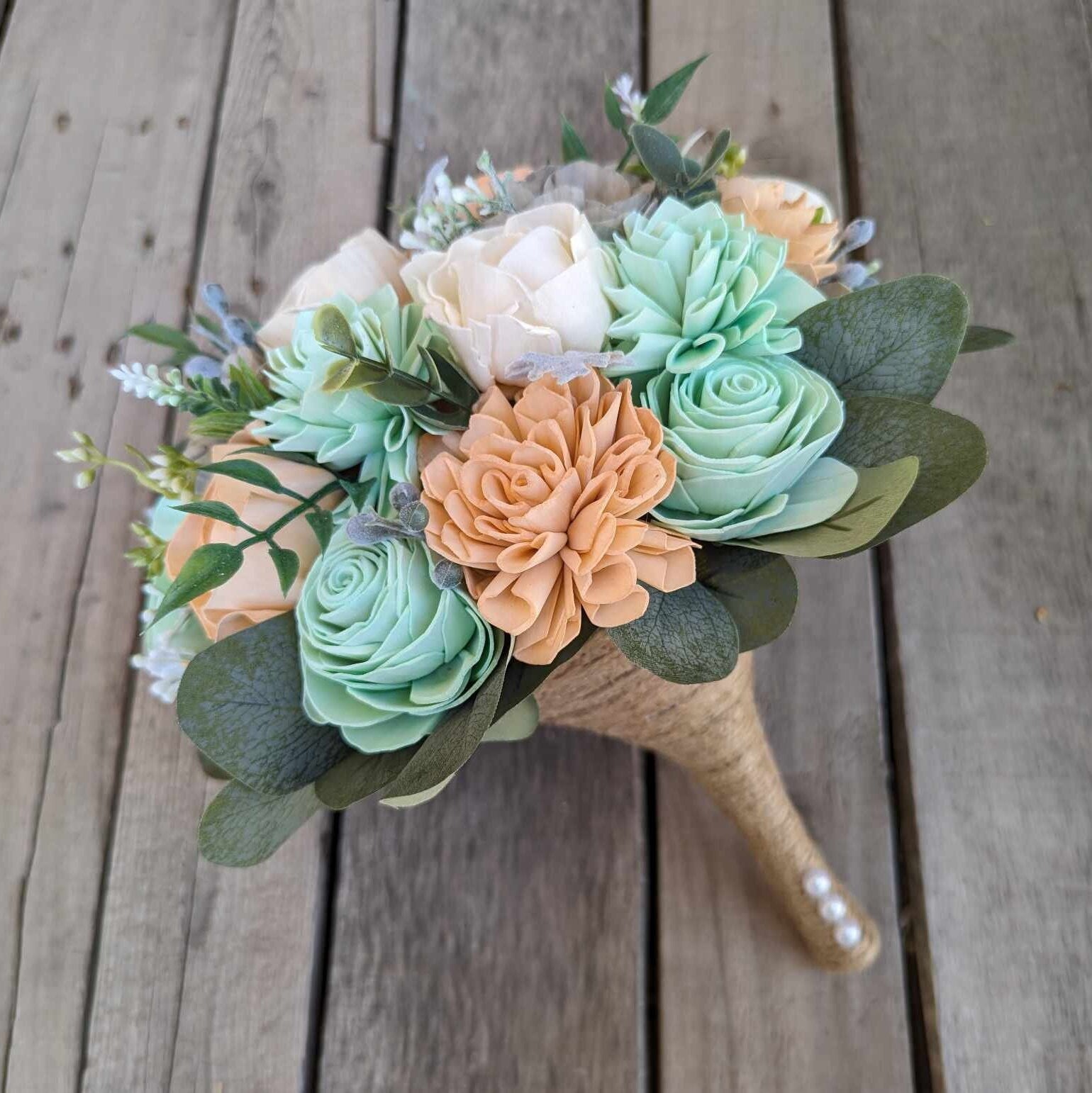 Wood Flower Bouquet, Peach Wedding Bouquet, Peach and Mint Bridal Bouquet, Wooden Flower Bouquet, Quinceanera Bouquet, Sola Wood Flowers