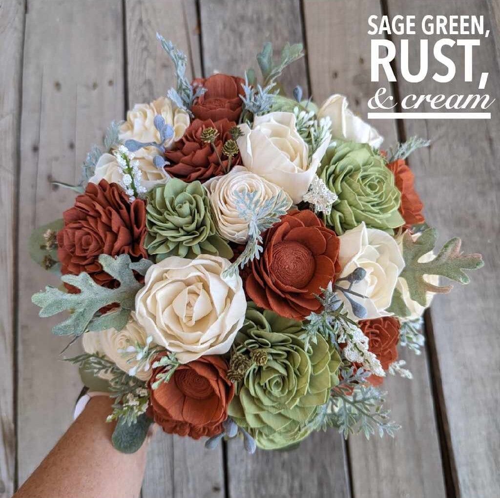 Pre-Made Fast Shipping, Fall Wedding Bouquet, Wood Flower Bouquet, Rust and Sage Bridal Bouquet, Wooden Flower Bouquet, Sola Wood Flowers