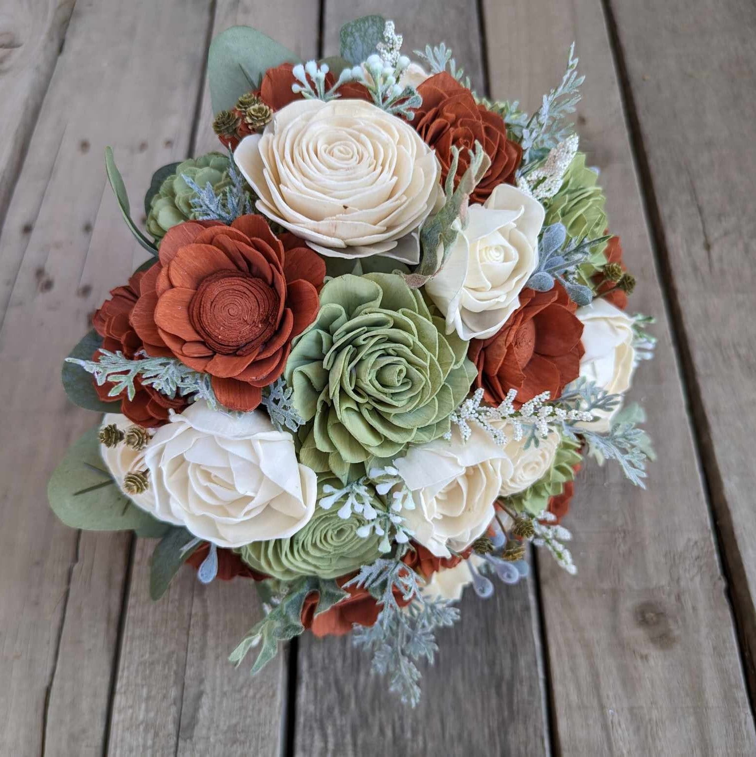 Pre-Made Fast Shipping, Fall Wedding Bouquet, Wood Flower Bouquet, Rust and Sage Bridal Bouquet, Wooden Flower Bouquet, Sola Wood Flowers