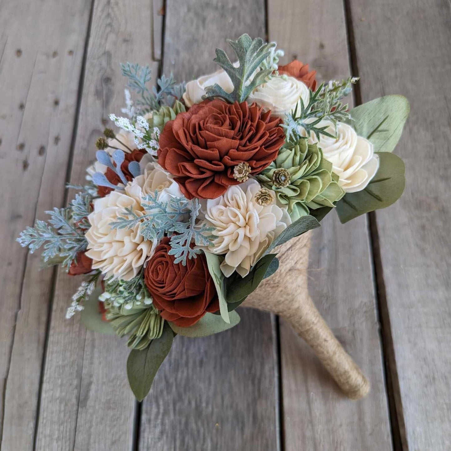 Fall Wedding Bouquet, Wood Flower Bouquet, Rust and Sage Bridal Bouquet, Burnt Orange and Sage Wooden Flower Bouquet, Sola Wood Flowers
