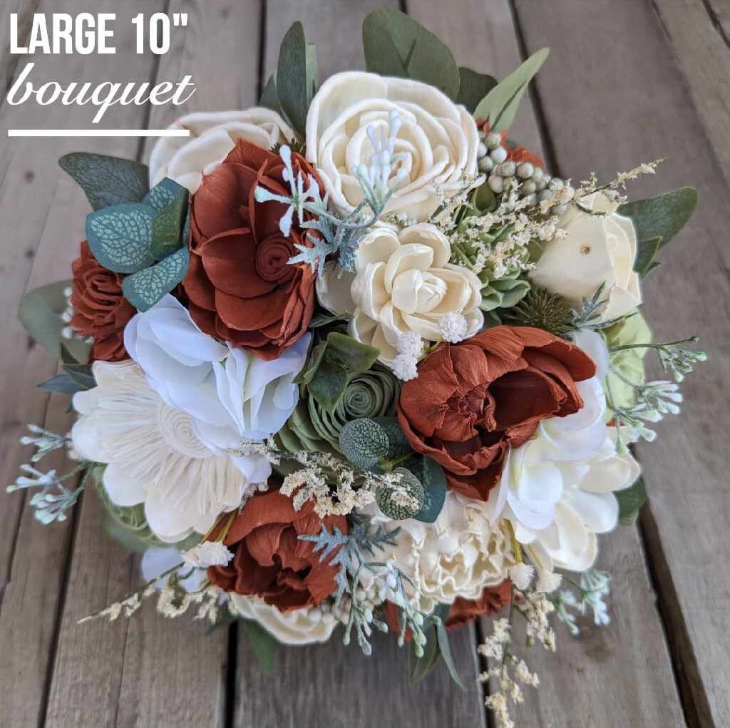 Wood Flower Bouquet, Rust and Sage Wedding Bouquet, Fall Bridal Bouquet, Burnt Orange and Sage Wooden Flower Bouquet, Sola Wood Flowers