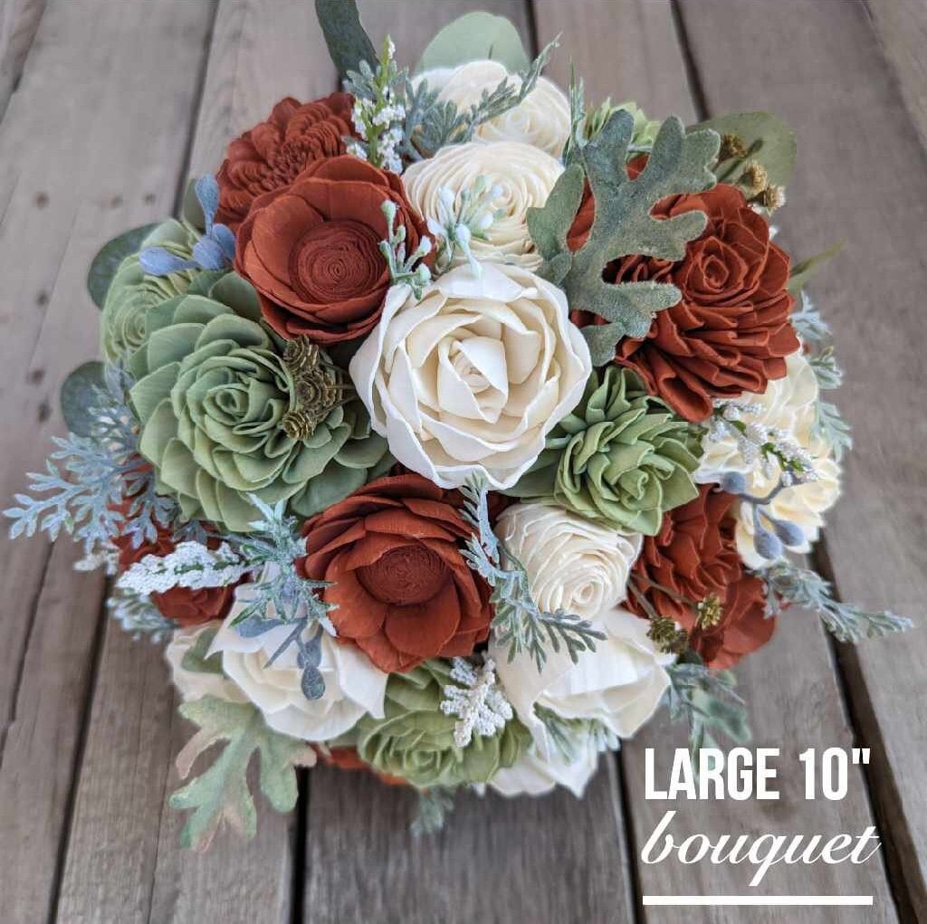 Pre-Made Fast Shipping, Fall Wedding Bouquet, Wood Flower Bouquet, Rust and Sage Bridal Bouquet, Wooden Flower Bouquet, Sola Wood Flowers