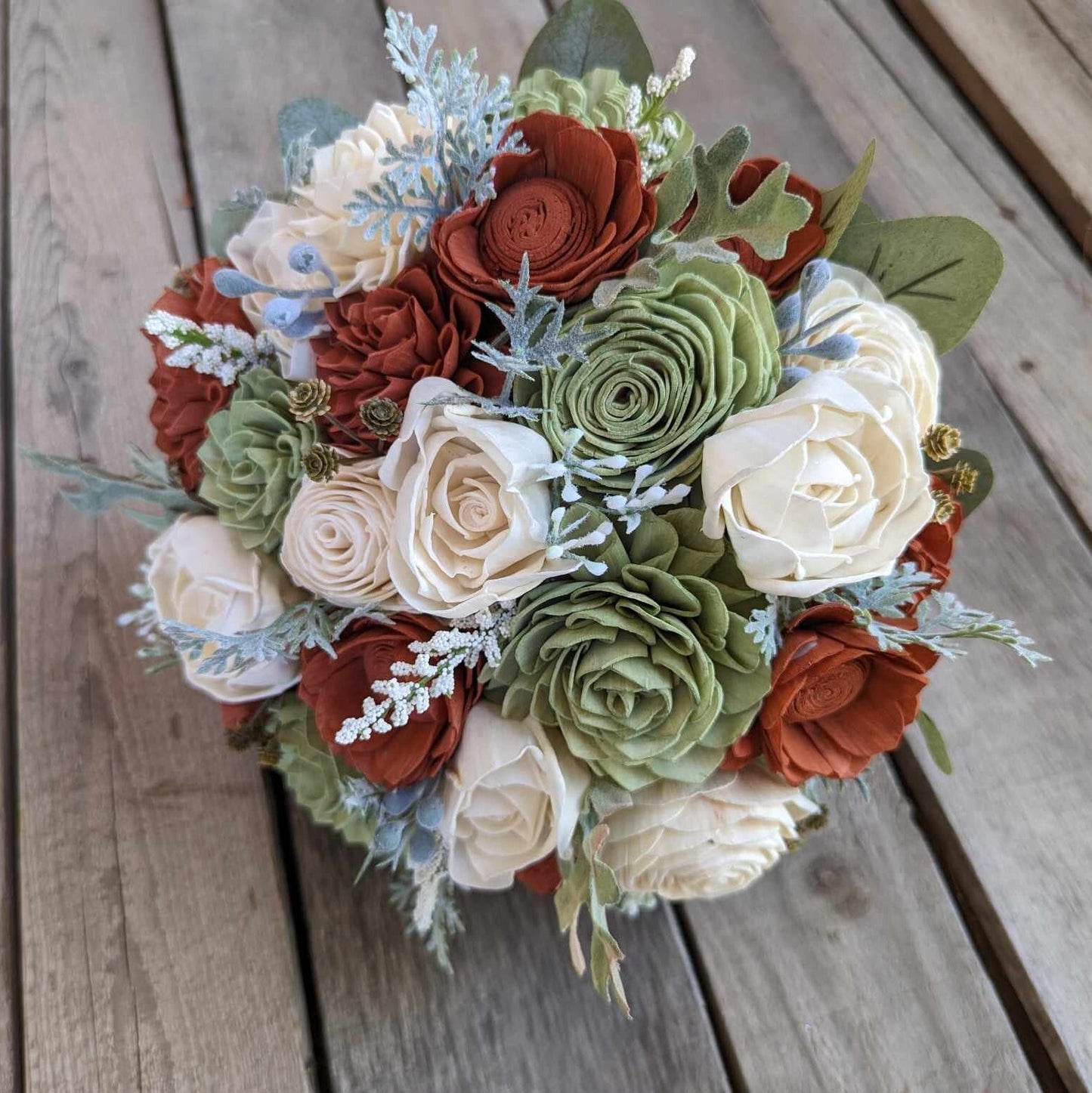 Pre-Made Fast Shipping, Fall Wedding Bouquet, Wood Flower Bouquet, Rust and Sage Bridal Bouquet, Wooden Flower Bouquet, Sola Wood Flowers