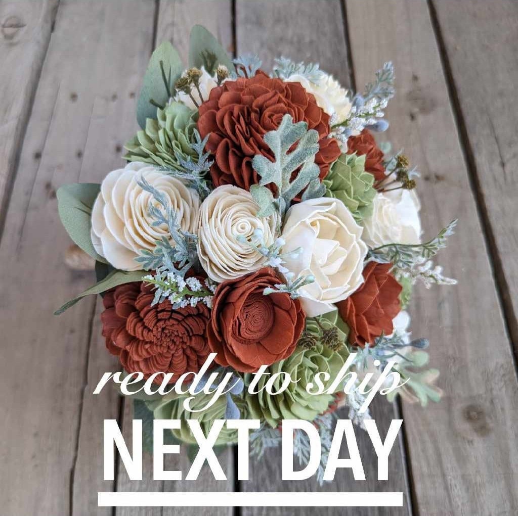 Pre-Made Fast Shipping, Fall Wedding Bouquet, Wood Flower Bouquet, Rust and Sage Bridal Bouquet, Wooden Flower Bouquet, Sola Wood Flowers