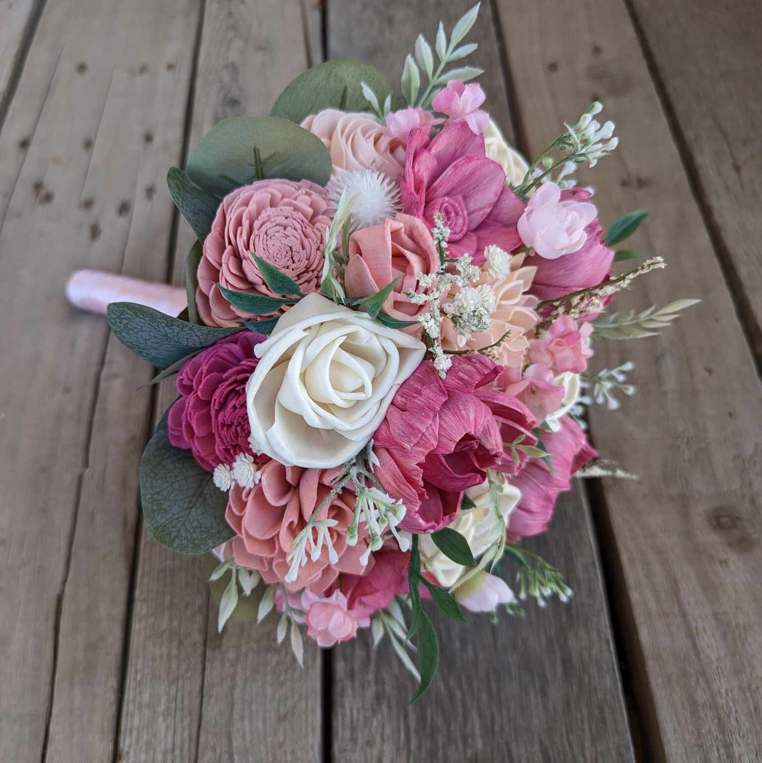 Wood Flower Bouquet, Wedding Bouquets for Bride, Pink Bridal Bouquet, Pink Wooden Flower Bouquet, Quinceanera Bouquet, Bridesmaid Bouquet