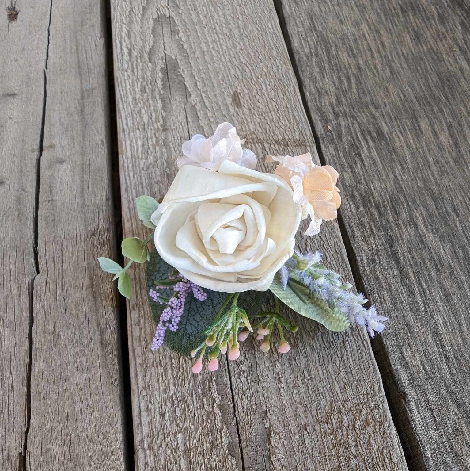 Lavender Boutonniere, Wood Flower Wedding Boutonniere, Rose Boutonniere, Fake Wedding Flowers