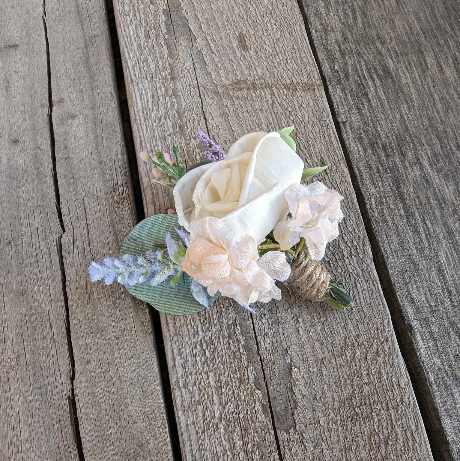 Lavender Boutonniere, Wood Flower Wedding Boutonniere, Rose Boutonniere, Fake Wedding Flowers