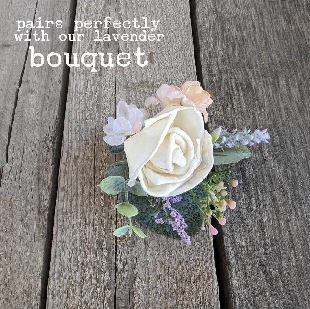 Lavender Boutonniere, Wood Flower Wedding Boutonniere, Rose Boutonniere, Fake Wedding Flowers