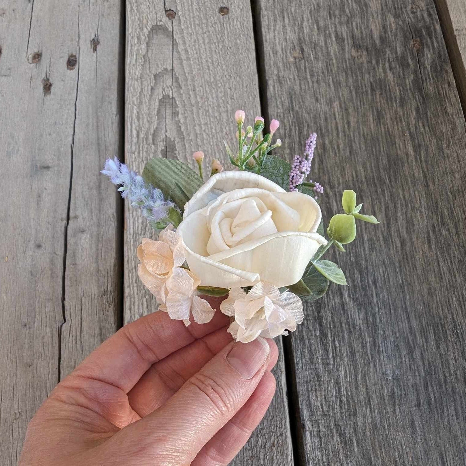 Lavender Boutonniere, Wood Flower Wedding Boutonniere, Rose Boutonniere, Fake Wedding Flowers